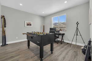 Playroom with hardwood / wood-style floors