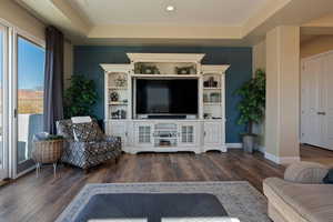 Living room featuring a raised ceiling and dark wood-type flooring