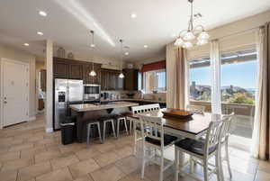 Tiled dining space with sink