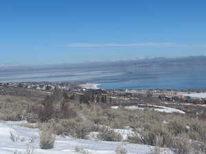 Snowy aerial view with a water view