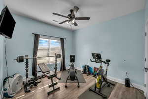 Workout area featuring wood-type flooring and ceiling fan