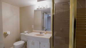 Bathroom with vanity, toilet, and walk in shower