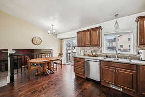 Kitchen featuring hanging light fixtures, decorative backsplash, stainless steel dishwasher, and sink