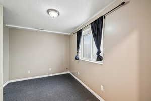 Carpeted spare room with a textured ceiling