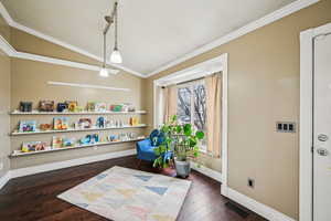 Sitting room featuring ornamental molding, lofted ceiling, and dark hardwood / wood-style flooring