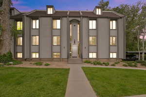 View of outdoor building at dusk