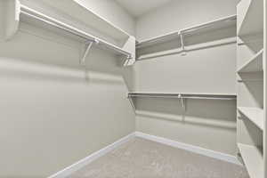 Walk in closet with light colored carpet