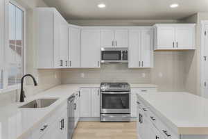 Kitchen featuring appliances with stainless steel finishes, white cabinetry, sink, backsplash, and light wood-type flooring