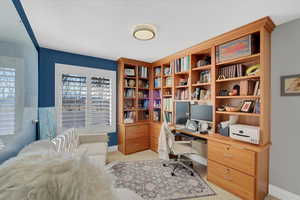 Office featuring light colored carpet, a textured ceiling, and a wealth of natural light