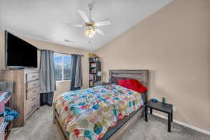 Carpeted bedroom with lofted ceiling and ceiling fan