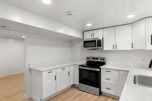 Kitchen with appliances with stainless steel finishes, sink, light hardwood / wood-style floors, and white cabinets