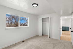 Unfurnished bedroom with a closet, light carpet, and a textured ceiling