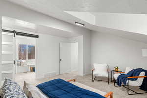 Bedroom featuring a barn door, light carpet, and a textured ceiling