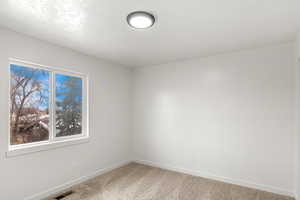 Carpeted empty room with a textured ceiling