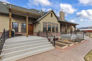 View of front of home with a porch and a mountain view