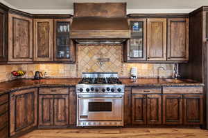 Kitchen featuring premium range, sink, decorative backsplash, dark brown cabinets, and custom range hood