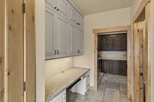 Interior space with light stone countertops