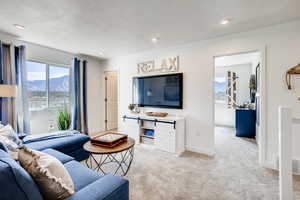 Carpeted living room with a textured ceiling