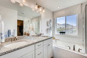 Bathroom featuring plus walk in shower, a mountain view, and vanity