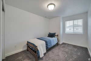 Carpeted bedroom with a textured ceiling