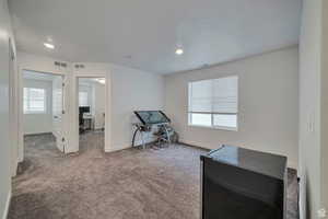 Miscellaneous room featuring a textured ceiling and carpet