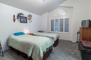 Master bedroom featuring carpeted floors and vaulted ceilings