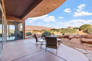 View of patio / terrace featuring a mountain view