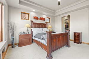 Bedroom with ceiling fan, a tray ceiling, a spacious closet, light colored carpet, and a closet