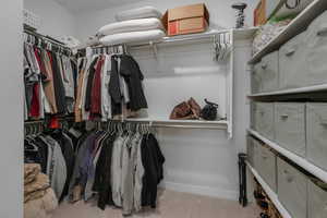 Walk in closet with light colored carpet