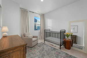 Bedroom featuring light carpet and a crib