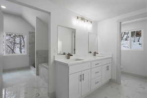 Bathroom featuring vanity, tiled shower, and toilet