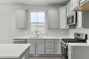 Kitchen featuring sink, gray cabinets, and stainless steel appliances