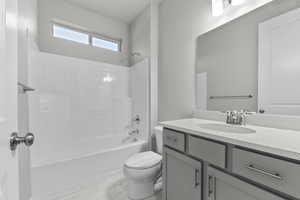 Full bathroom featuring shower / washtub combination, vanity, and toilet