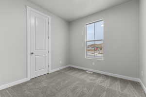 Empty room with light colored carpet