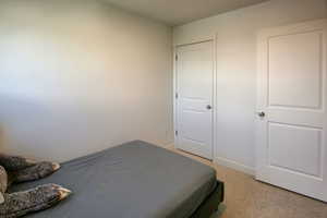 Bedroom featuring light colored carpet