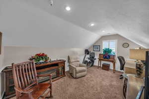 Office space with lofted ceiling, carpet, and a textured ceiling