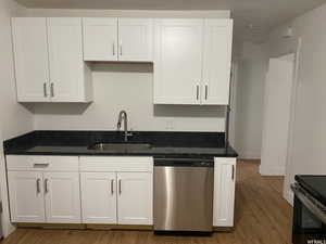 Kitchen with dishwasher, sink, and white cabinets