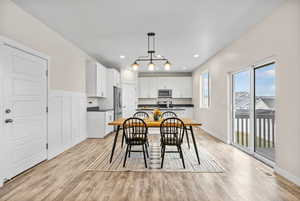 Dining room with sink and light hardwood / wood-style floors