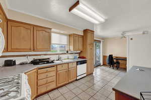 Kitchen featuring crown molding, plenty of natural light, range, and white dishwasher