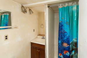 Bathroom featuring vanity and curtained shower