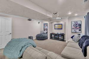 Carpeted cinema room with crown molding