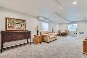 Living room with light colored carpet