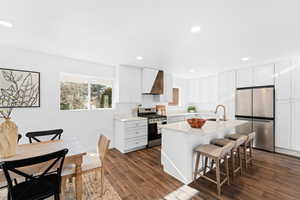 Kitchen featuring appliances with stainless steel finishes, a kitchen island with sink, sink, and white cabinets