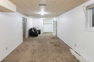 Basement featuring light carpet