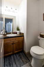 Bathroom featuring vanity, toilet, and wood-type flooring