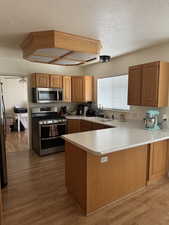 Kitchen featuring stainless steel appliances, sink, light hardwood / wood-style flooring, and kitchen peninsula