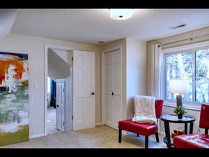 Sitting room with light colored carpet and a wealth of natural light