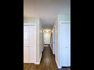 Hallway with dark hardwood / wood-style floors