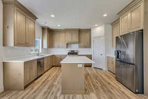 Kitchen with appliances with stainless steel finishes, a sink, light wood finished floors, a kitchen island, and recessed lighting
