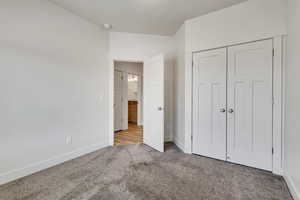 Unfurnished bedroom featuring carpet flooring, baseboards, and a closet